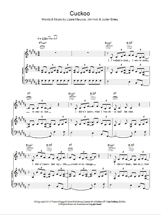 Lissie Cuckoo Sheet Music Notes & Chords for Piano, Vocal & Guitar (Right-Hand Melody) - Download or Print PDF