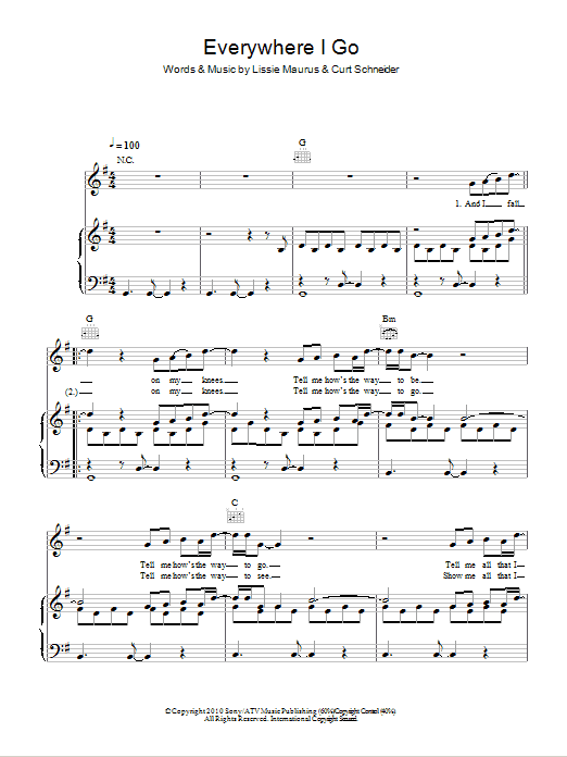 Lissie Everywhere I Go Sheet Music Notes & Chords for Piano, Vocal & Guitar (Right-Hand Melody) - Download or Print PDF