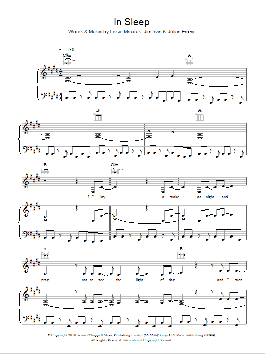 Lissie In Sleep Sheet Music Notes & Chords for Piano, Vocal & Guitar (Right-Hand Melody) - Download or Print PDF