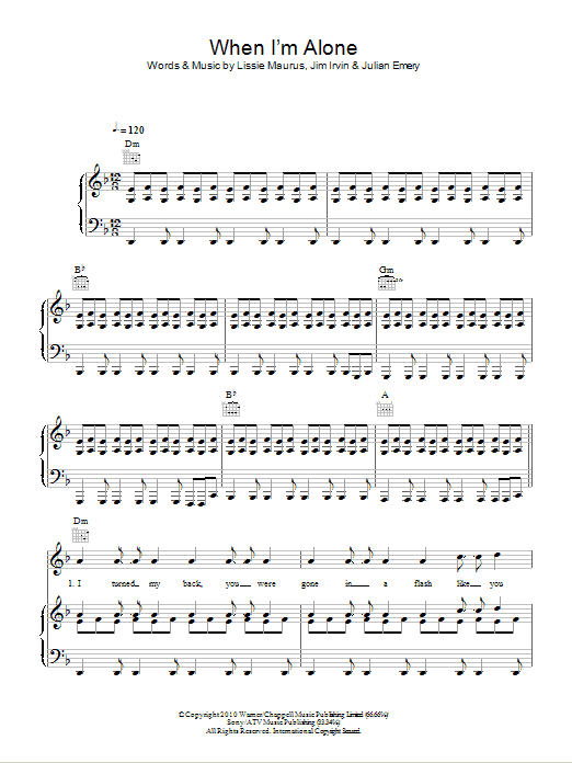 Lissie When I'm Alone Sheet Music Notes & Chords for Piano, Vocal & Guitar (Right-Hand Melody) - Download or Print PDF