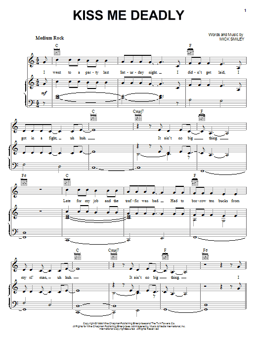 Lita Ford Kiss Me Deadly Sheet Music Notes & Chords for Piano, Vocal & Guitar (Right-Hand Melody) - Download or Print PDF