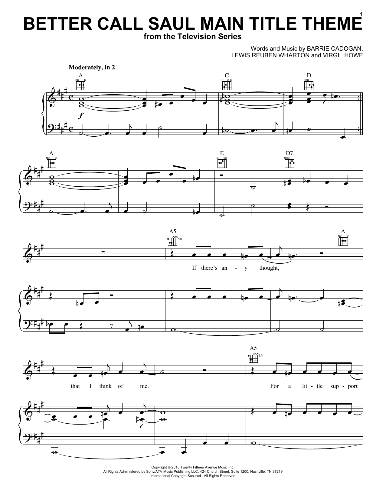Little Barrie Better Call Saul Main Title Theme Sheet Music Notes & Chords for Piano, Vocal & Guitar (Right-Hand Melody) - Download or Print PDF