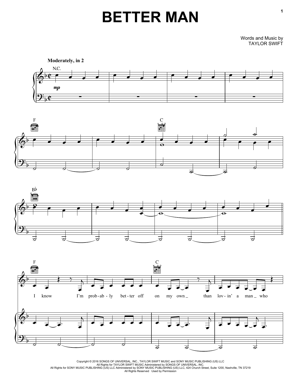 Little Big Town Better Man Sheet Music Notes & Chords for Piano, Vocal & Guitar (Right-Hand Melody) - Download or Print PDF