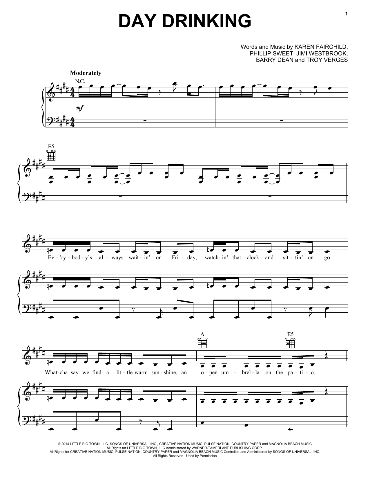 Little Big Town Day Drinking Sheet Music Notes & Chords for Piano, Vocal & Guitar (Right-Hand Melody) - Download or Print PDF