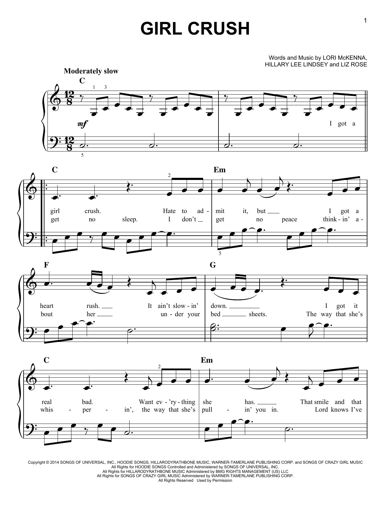 Little Big Town Girl Crush Sheet Music Notes & Chords for Easy Piano - Download or Print PDF