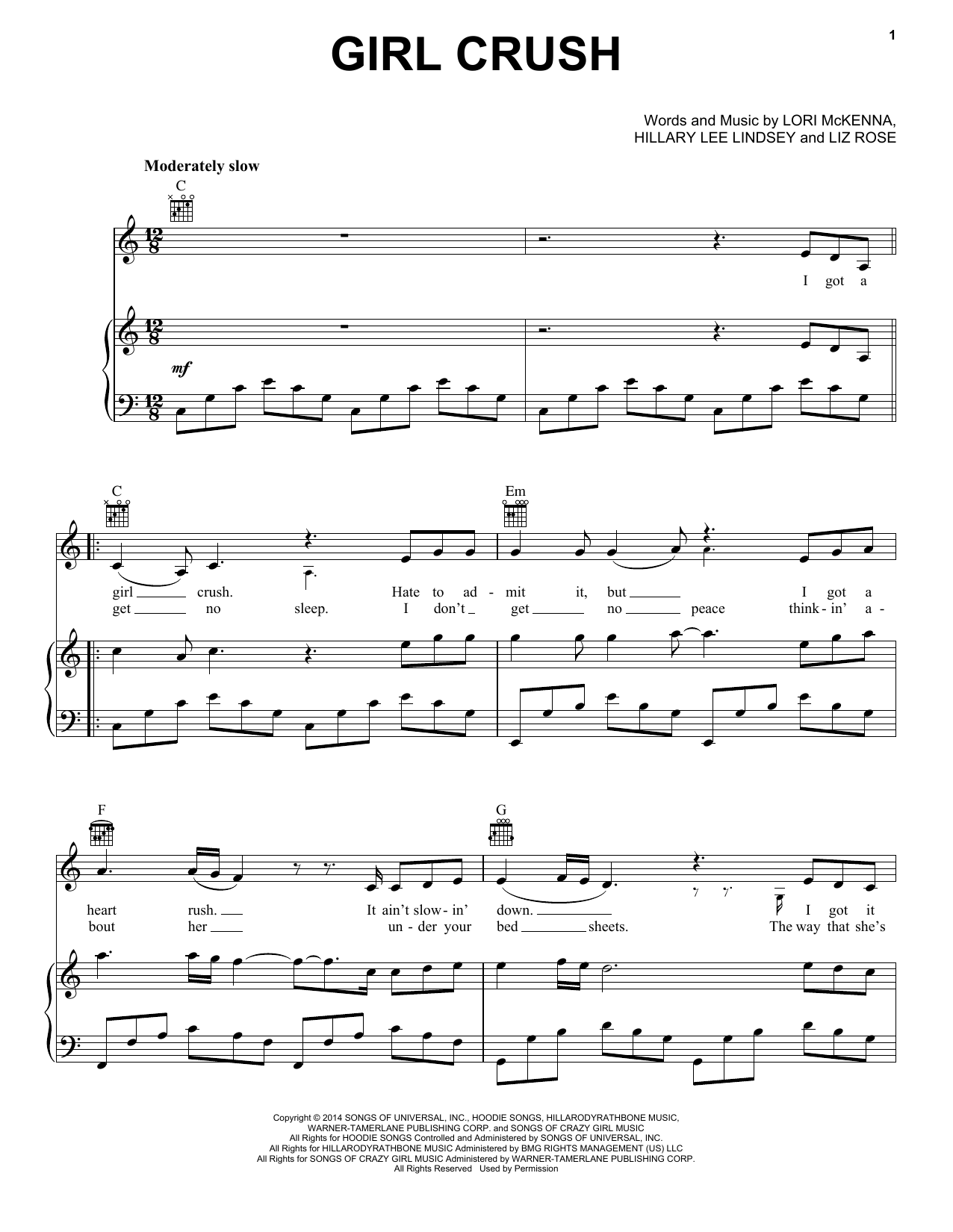 Little Big Town Girl Crush Sheet Music Notes & Chords for Piano, Vocal & Guitar (Right-Hand Melody) - Download or Print PDF
