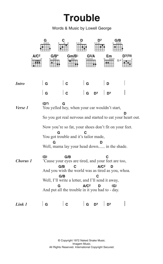 Little Feat Trouble Sheet Music Notes & Chords for Lyrics & Chords - Download or Print PDF
