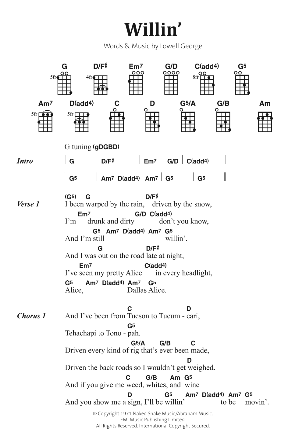 Little Feat Willin' Sheet Music Notes & Chords for Piano, Vocal & Guitar (Right-Hand Melody) - Download or Print PDF