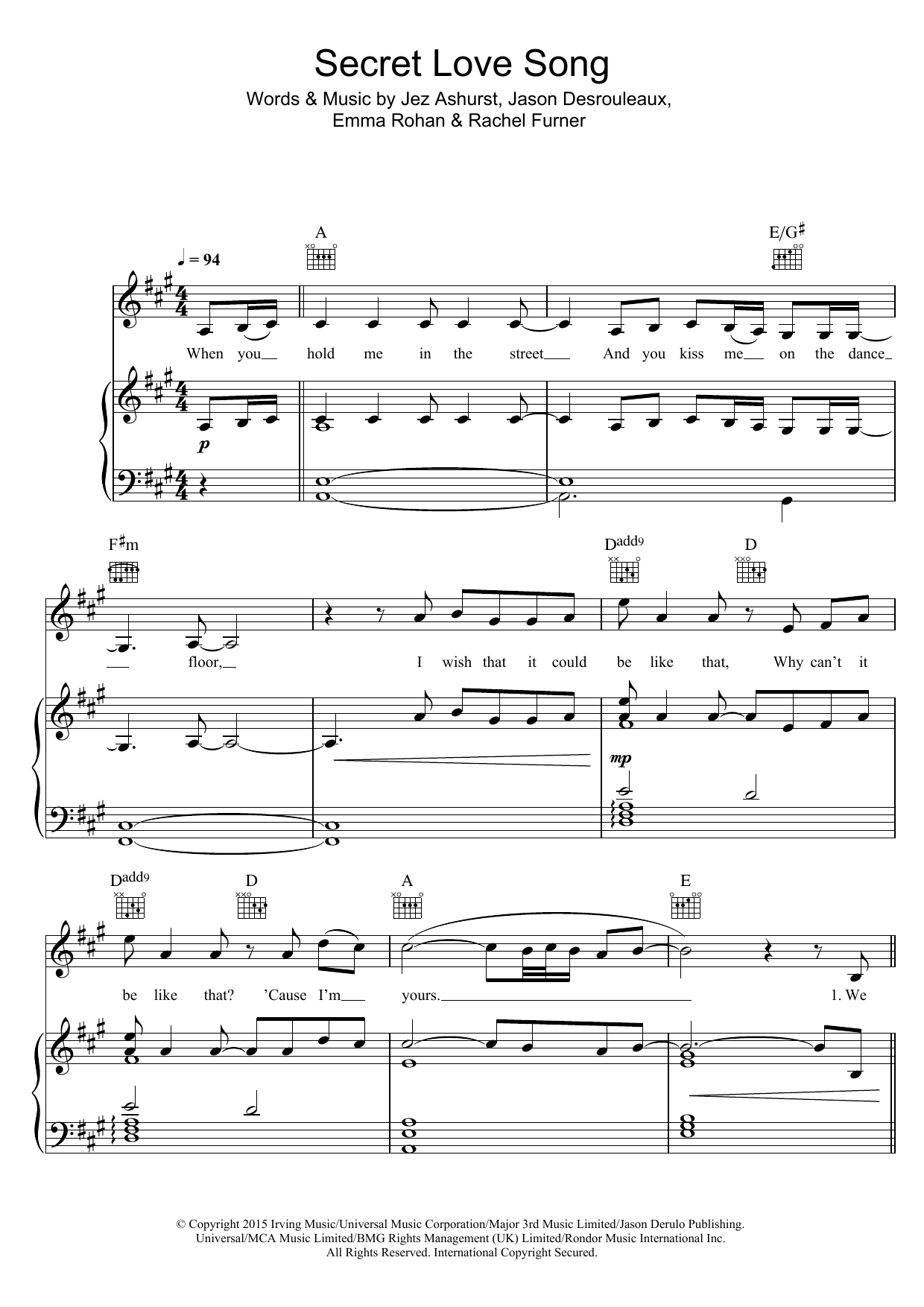 Little Mix Secret Love Song (featuring Jason Derulo) Sheet Music Notes & Chords for Piano, Vocal & Guitar (Right-Hand Melody) - Download or Print PDF