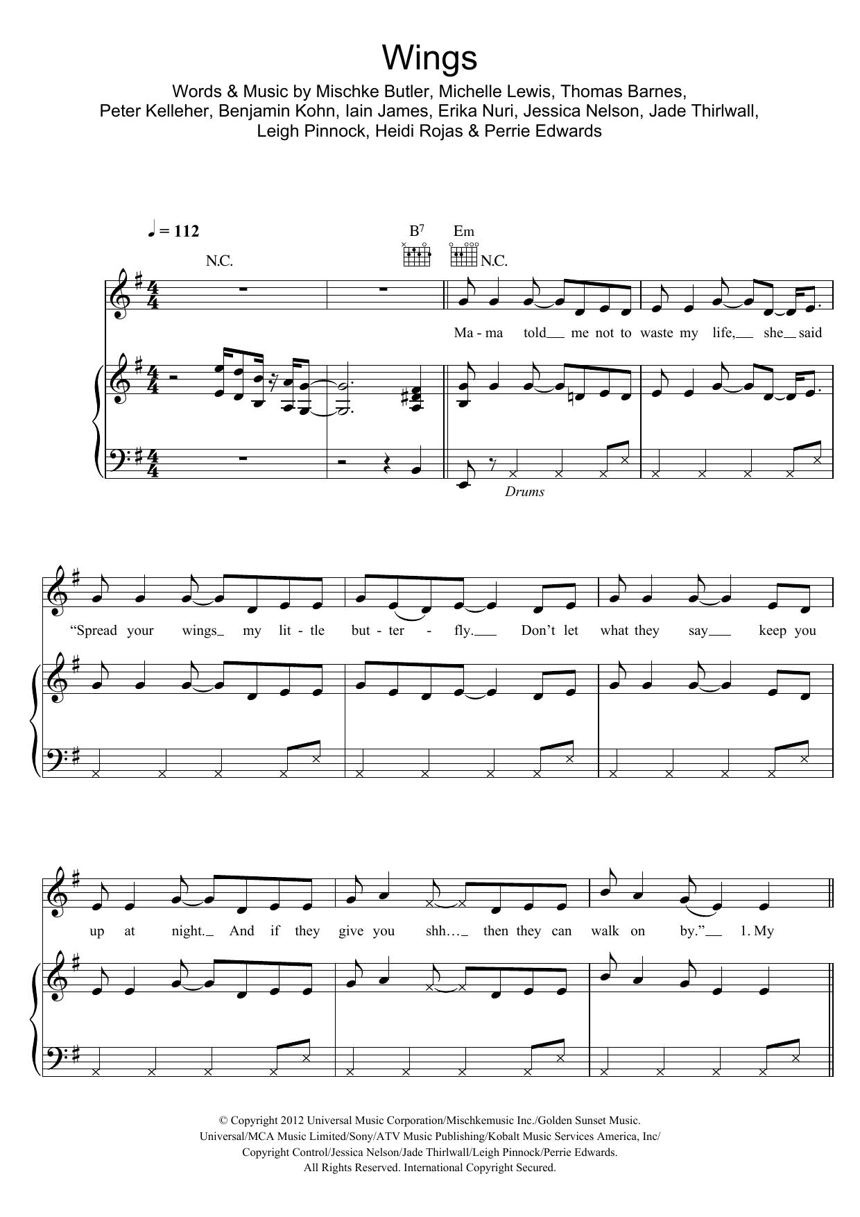 Little Mix Wings Sheet Music Notes & Chords for Piano, Vocal & Guitar (Right-Hand Melody) - Download or Print PDF