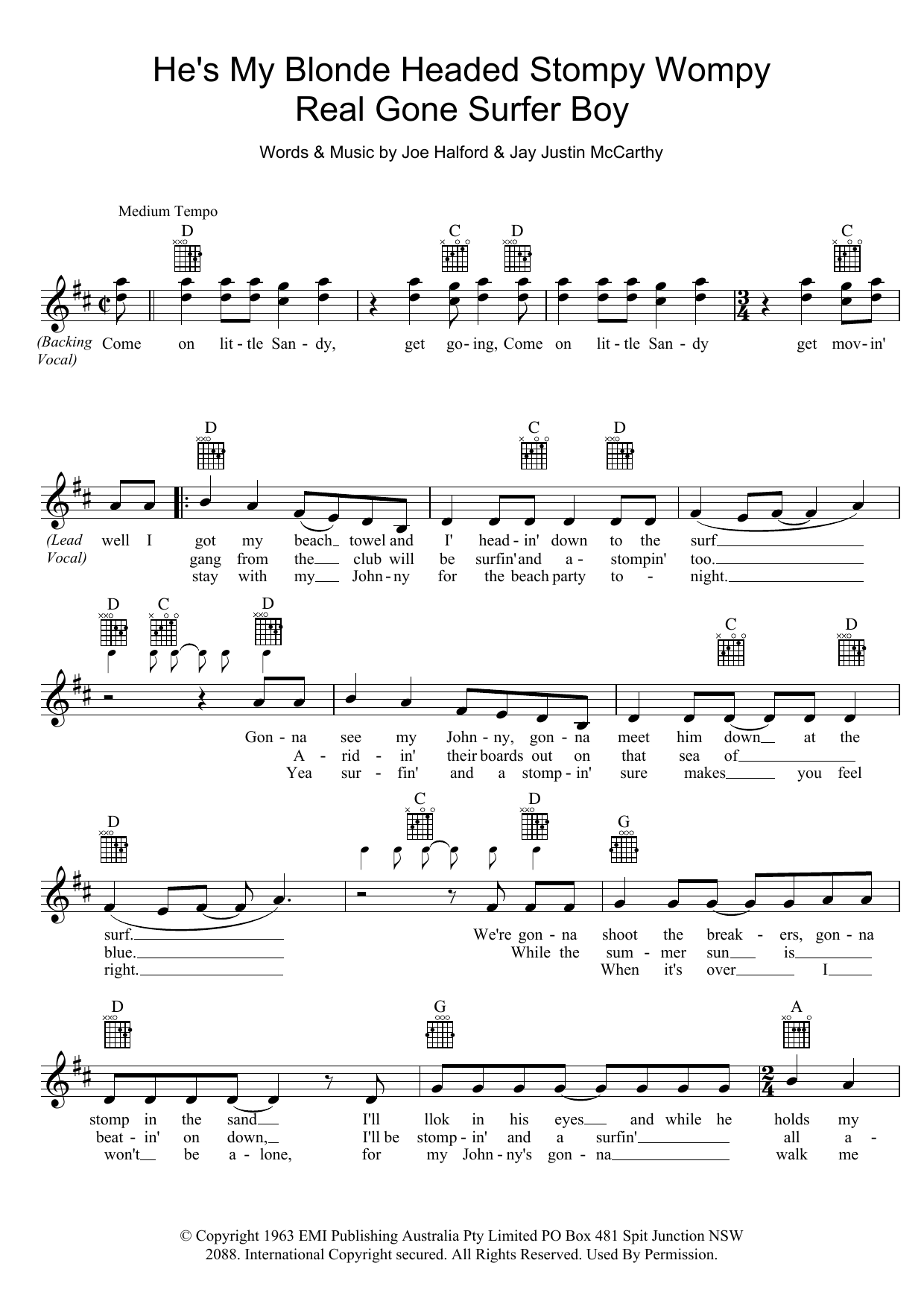 Little Pattie He's My Blonde Headed Stompy Wompy Real Gone Surfer Boy Sheet Music Notes & Chords for Melody Line, Lyrics & Chords - Download or Print PDF