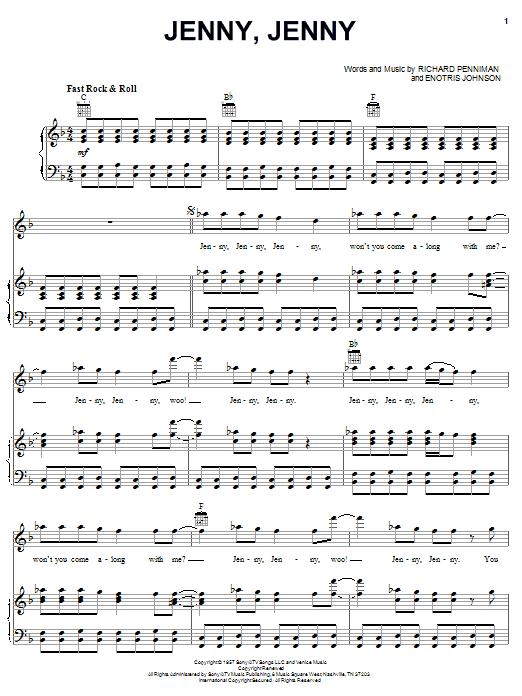 Little Richard Jenny, Jenny Sheet Music Notes & Chords for Piano, Vocal & Guitar (Right-Hand Melody) - Download or Print PDF