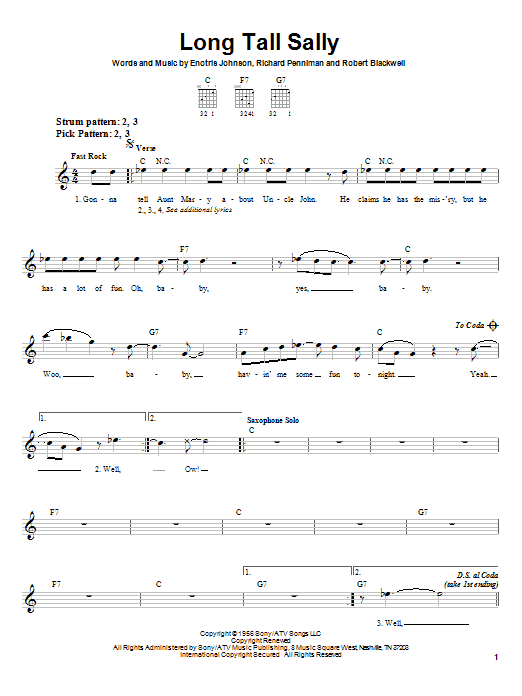 Little Richard Long Tall Sally Sheet Music Notes & Chords for Lyrics & Chords - Download or Print PDF