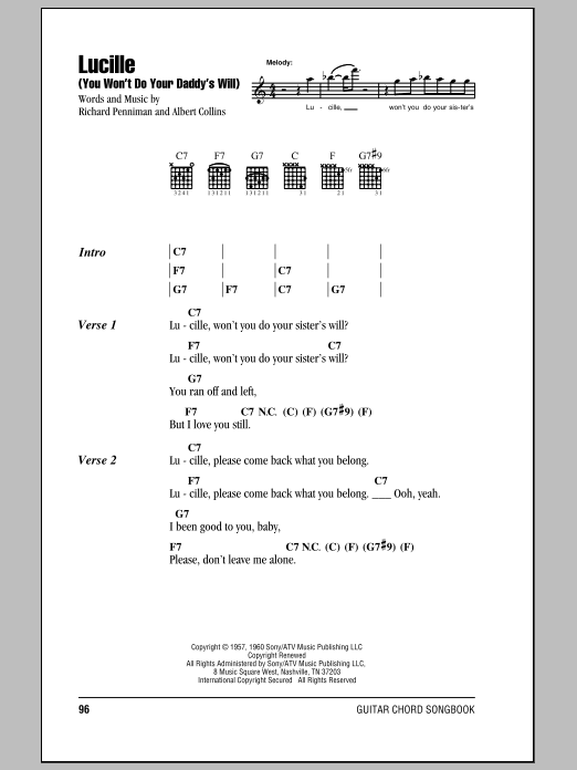 Little Richard Lucille Sheet Music Notes & Chords for Lyrics & Chords - Download or Print PDF