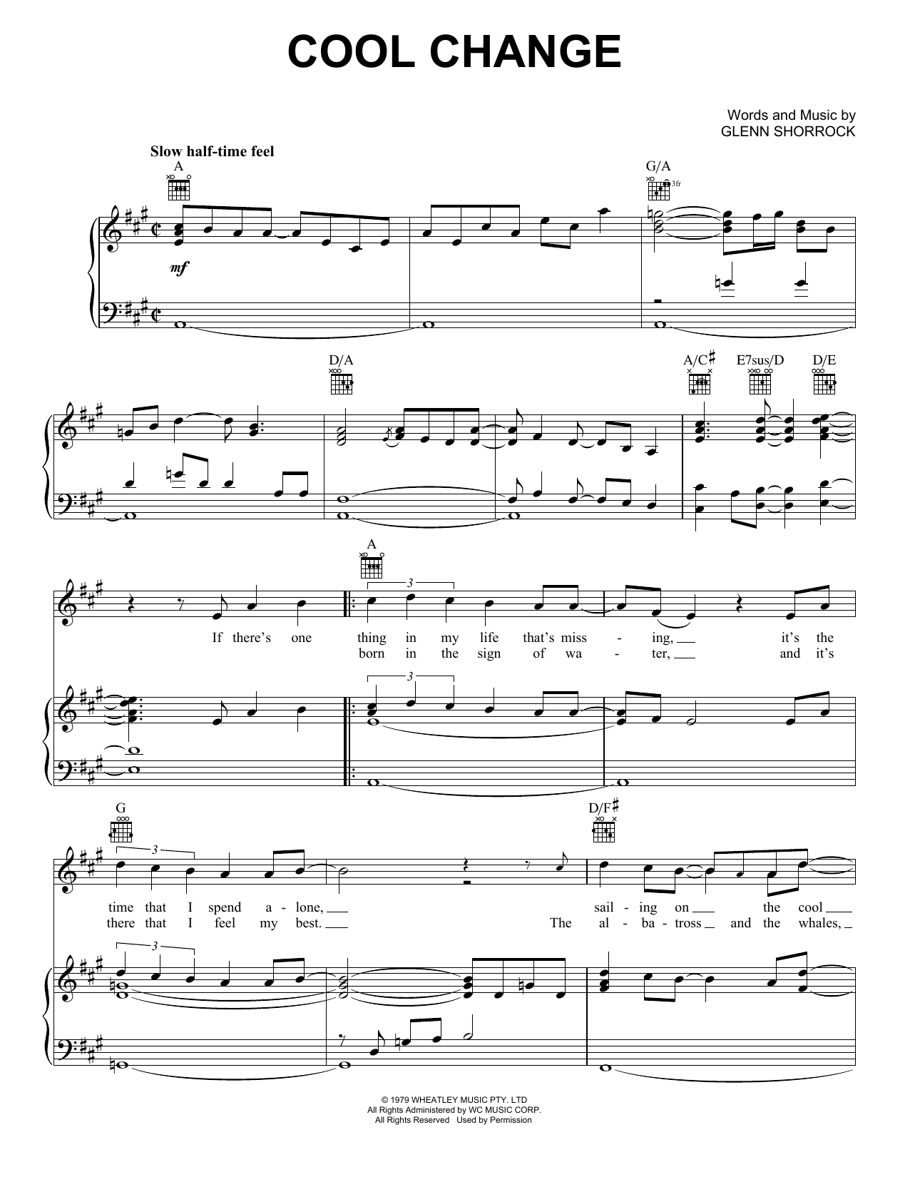 Little River Band Cool Change Sheet Music Notes & Chords for Piano, Vocal & Guitar (Right-Hand Melody) - Download or Print PDF