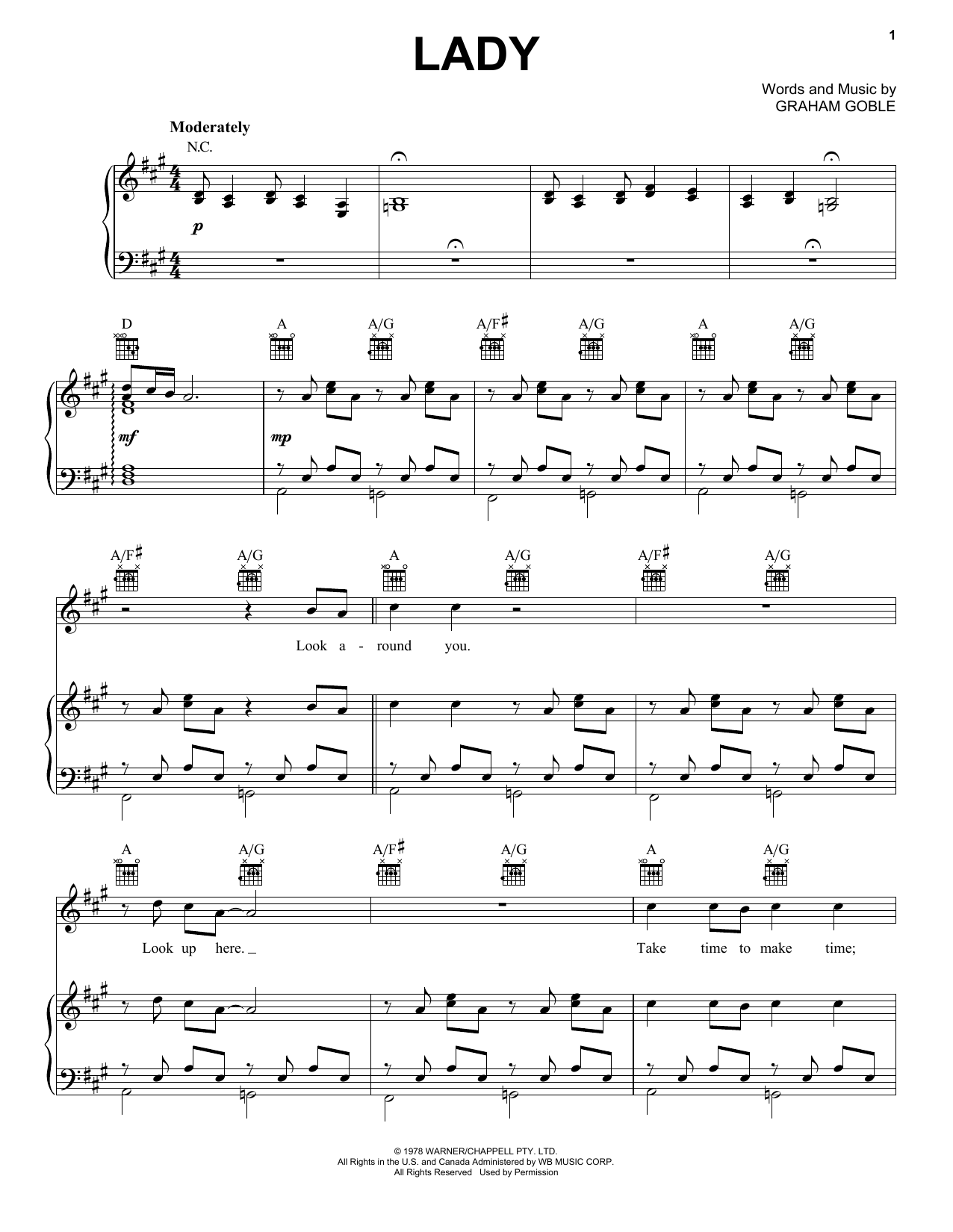 Little River Band Lady Sheet Music Notes & Chords for Piano, Vocal & Guitar (Right-Hand Melody) - Download or Print PDF