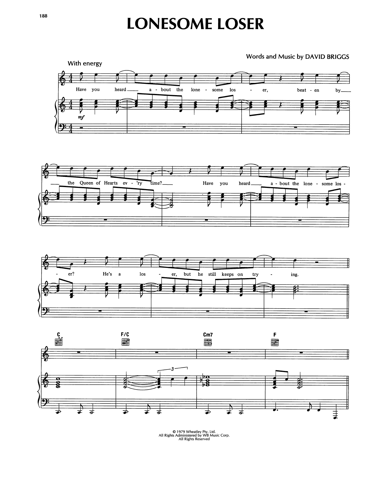 Little River Band Lonesome Loser Sheet Music Notes & Chords for Piano, Vocal & Guitar Chords (Right-Hand Melody) - Download or Print PDF