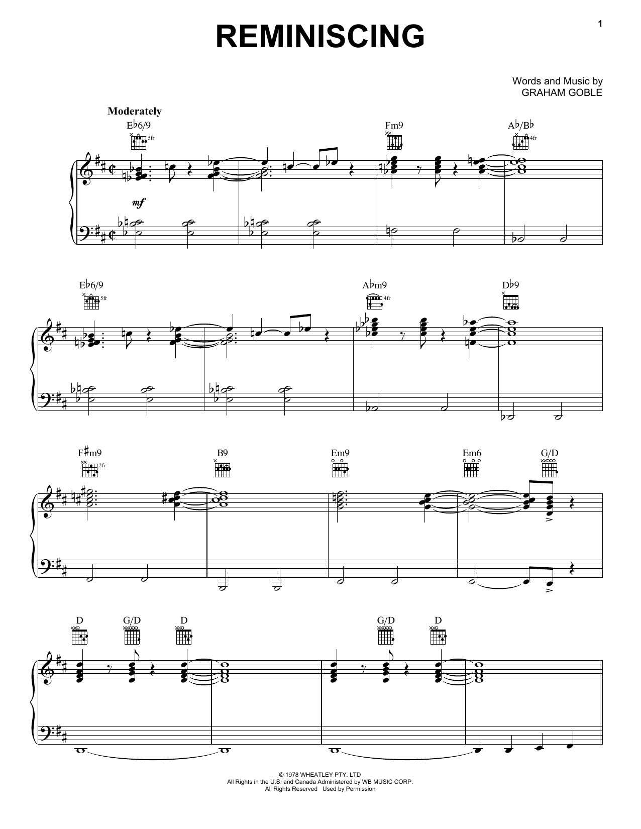 Little River Band Reminiscing Sheet Music Notes & Chords for Piano, Vocal & Guitar (Right-Hand Melody) - Download or Print PDF