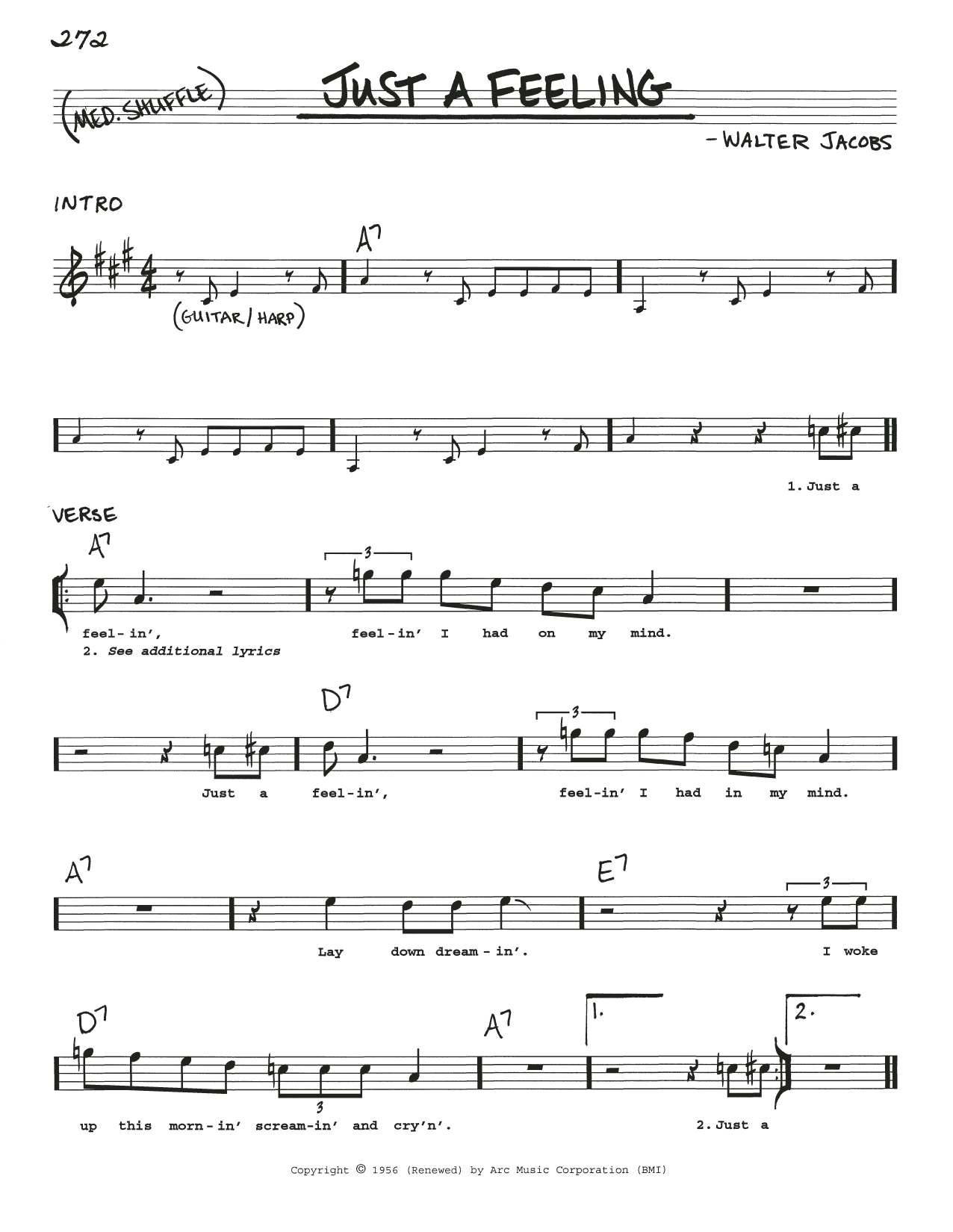 Little Walter Just A Feeling Sheet Music Notes & Chords for Real Book – Melody, Lyrics & Chords - Download or Print PDF