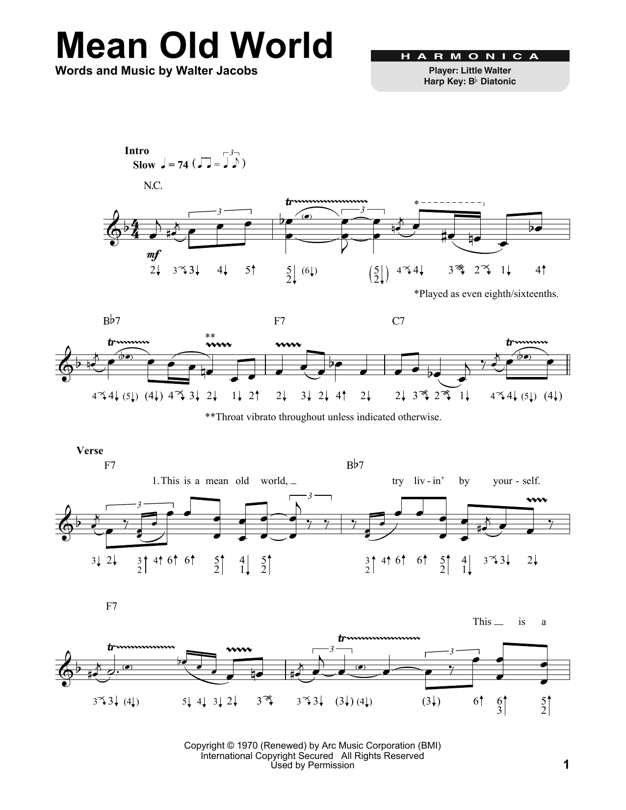 Little Walter Mean Old World Sheet Music Notes & Chords for Harmonica - Download or Print PDF