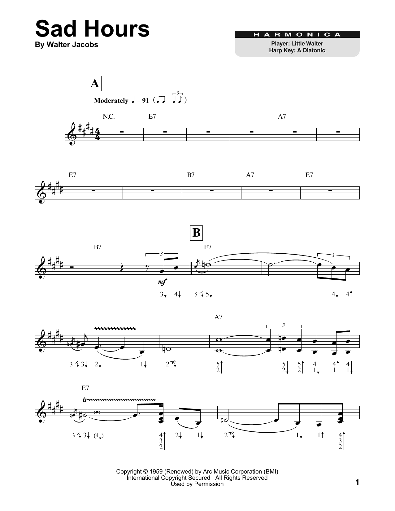 Little Walter Sad Hours Sheet Music Notes & Chords for Harmonica - Download or Print PDF