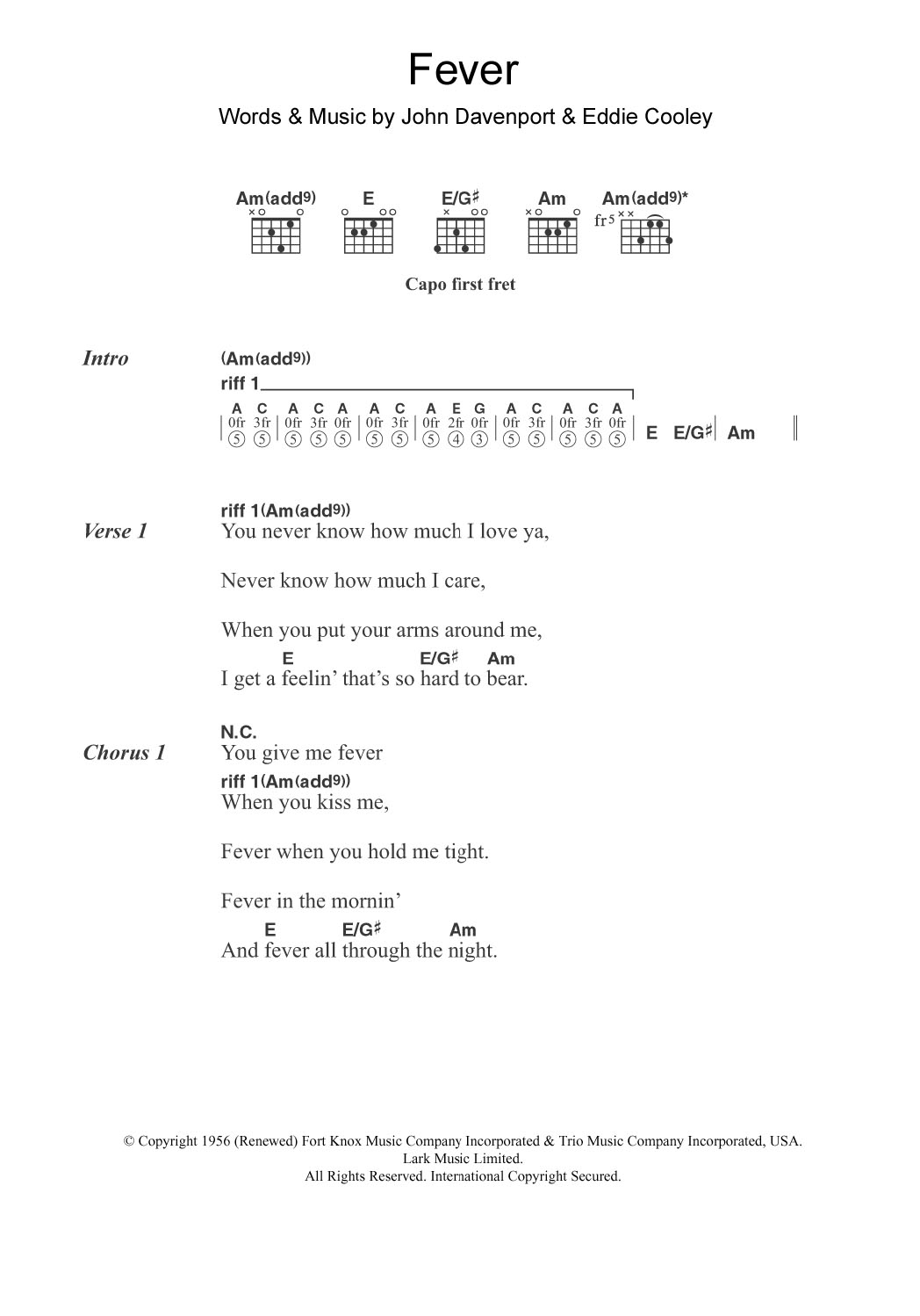 Little Willie John Fever Sheet Music Notes & Chords for Lyrics & Chords - Download or Print PDF