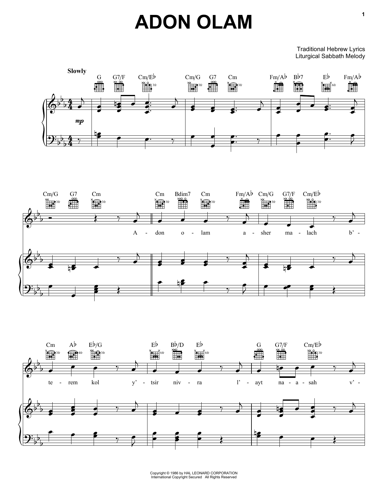 Liturgical Sabbath Melody Adon Olom Sheet Music Notes & Chords for Piano, Vocal & Guitar Chords (Right-Hand Melody) - Download or Print PDF Liturgical Sabbath Melody Adon Olom Sheet Music Notes & Chords for Piano, Vocal & Guitar Chords (Right-Hand Melody) - Download or Print PDF