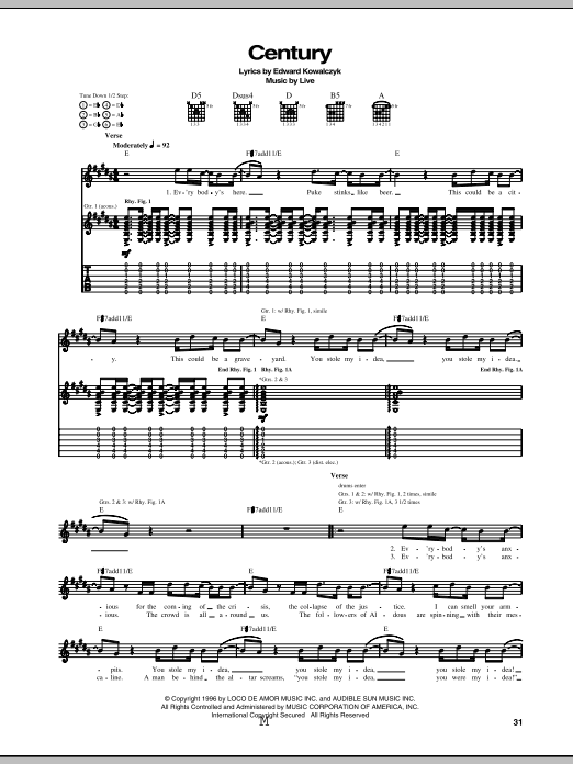 Live Century Sheet Music Notes & Chords for Guitar Tab - Download or Print PDF