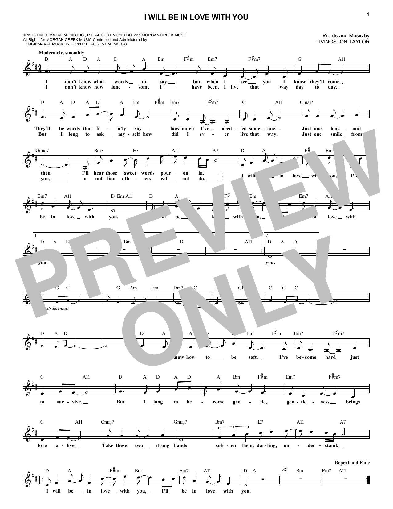 Livingston Taylor I Will Be In Love With You Sheet Music Notes & Chords for Melody Line, Lyrics & Chords - Download or Print PDF