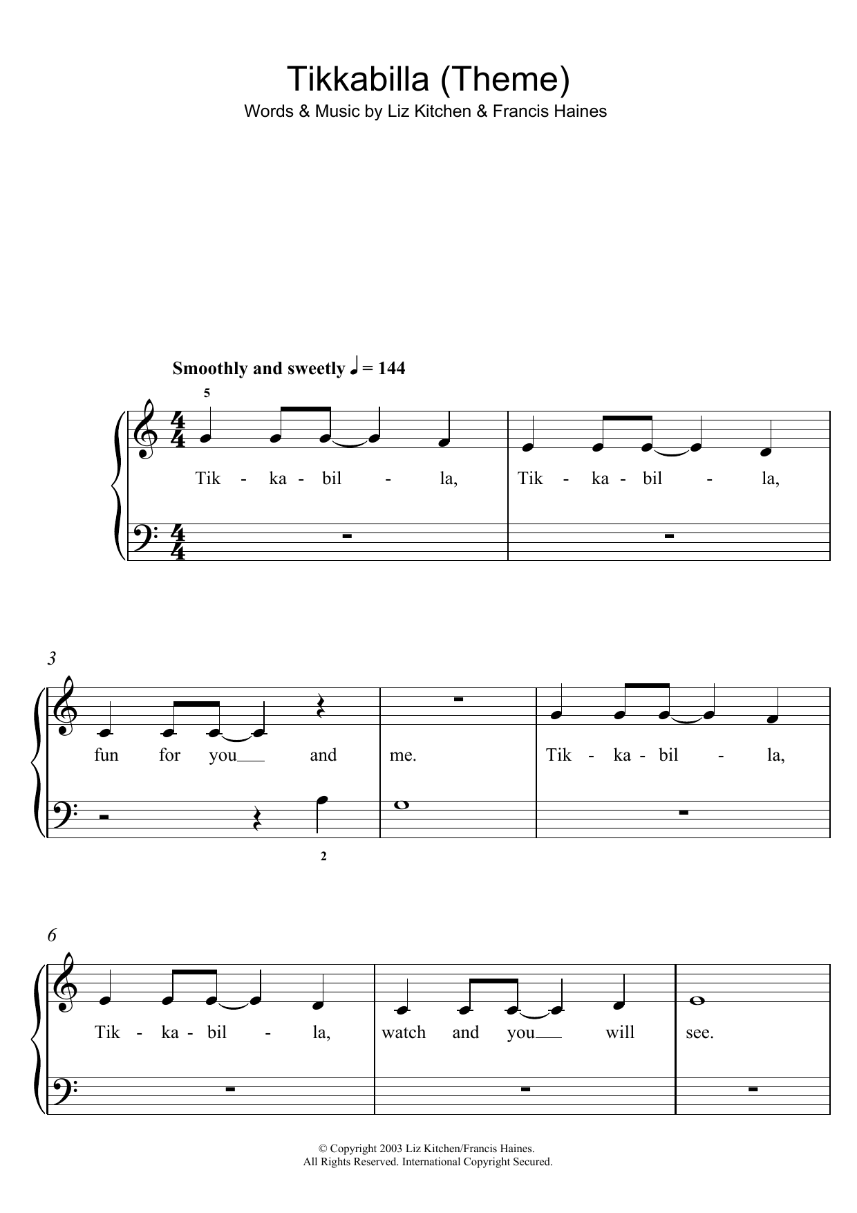 Liz Kitchen Tikkabilla (Theme) Sheet Music Notes & Chords for 5-Finger Piano - Download or Print PDF