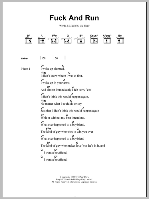 Liz Phair Fuck And Run Sheet Music Notes & Chords for Lyrics & Chords - Download or Print PDF