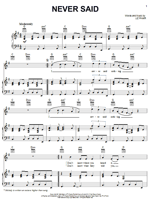 Liz Phair Never Said Sheet Music Notes & Chords for Piano, Vocal & Guitar (Right-Hand Melody) - Download or Print PDF