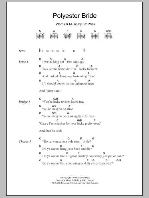 Liz Phair Polyester Bride Sheet Music Notes & Chords for Lyrics & Chords - Download or Print PDF