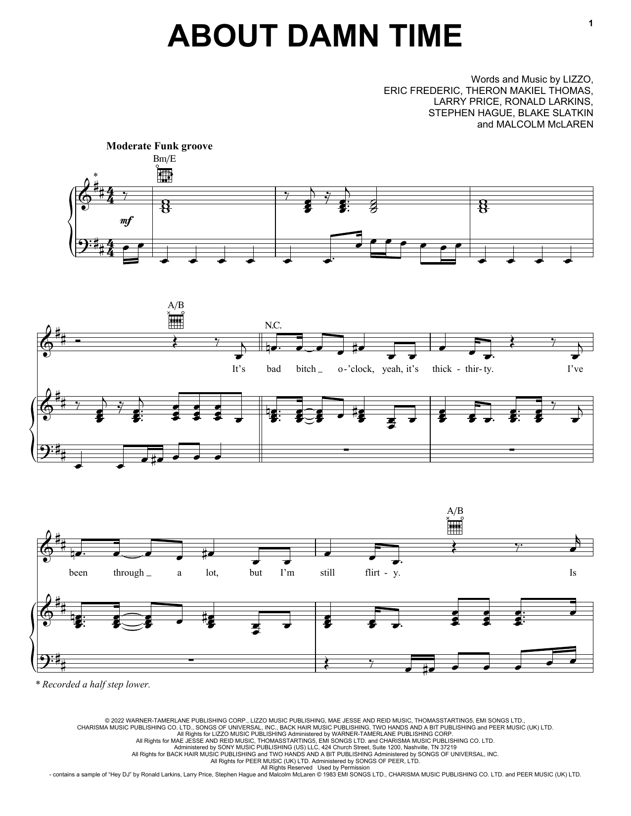 Lizzo About Damn Time Sheet Music Notes & Chords for Piano, Vocal & Guitar Chords (Right-Hand Melody) - Download or Print PDF