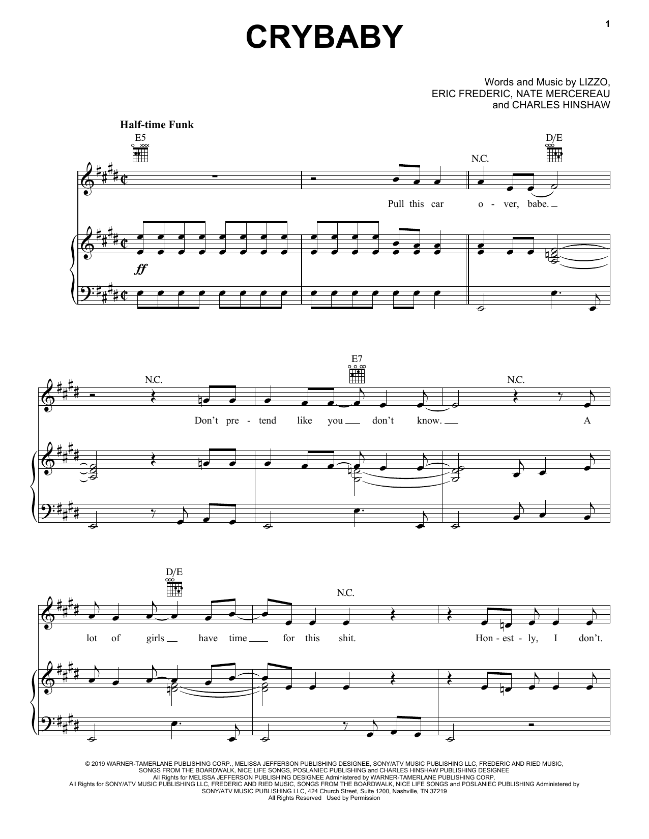 Lizzo Crybaby Sheet Music Notes & Chords for Piano, Vocal & Guitar (Right-Hand Melody) - Download or Print PDF