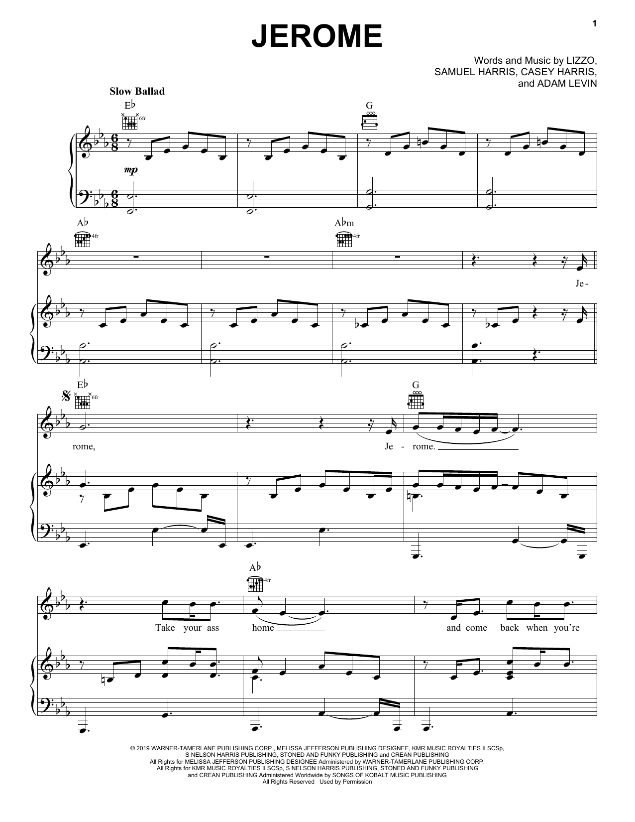 Lizzo Jerome Sheet Music Notes & Chords for Piano, Vocal & Guitar (Right-Hand Melody) - Download or Print PDF