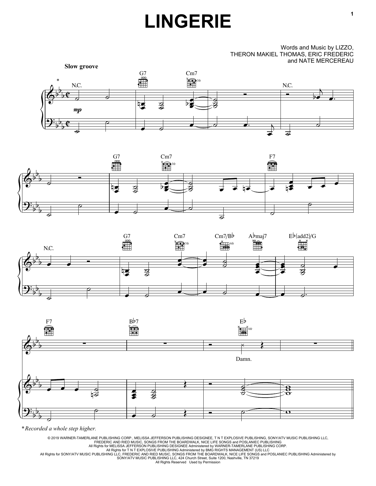 Lizzo Lingerie Sheet Music Notes & Chords for Piano, Vocal & Guitar (Right-Hand Melody) - Download or Print PDF