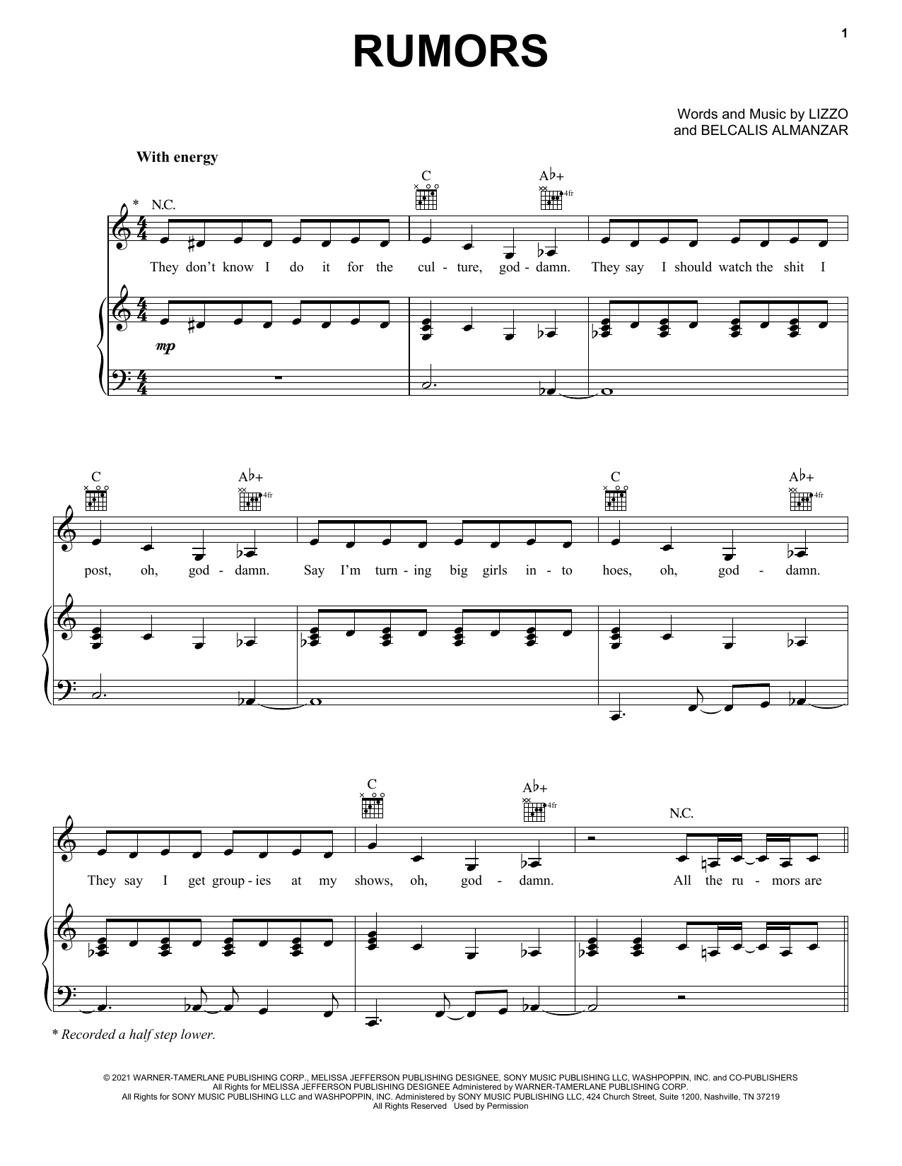 Lizzo Rumors (feat. Cardi B) Sheet Music Notes & Chords for Piano, Vocal & Guitar (Right-Hand Melody) - Download or Print PDF