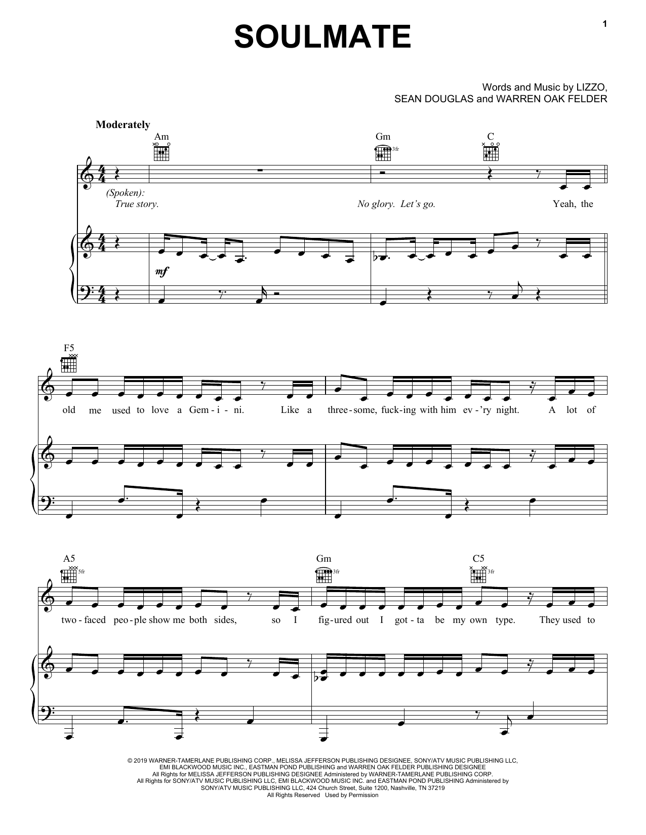 Lizzo Soulmate Sheet Music Notes & Chords for Piano, Vocal & Guitar (Right-Hand Melody) - Download or Print PDF