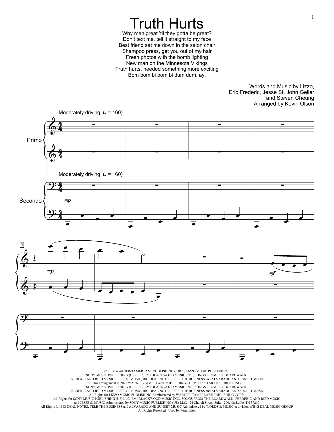 Lizzo Truth Hurts (arr. Kevin Olson) Sheet Music Notes & Chords for Piano Duet - Download or Print PDF