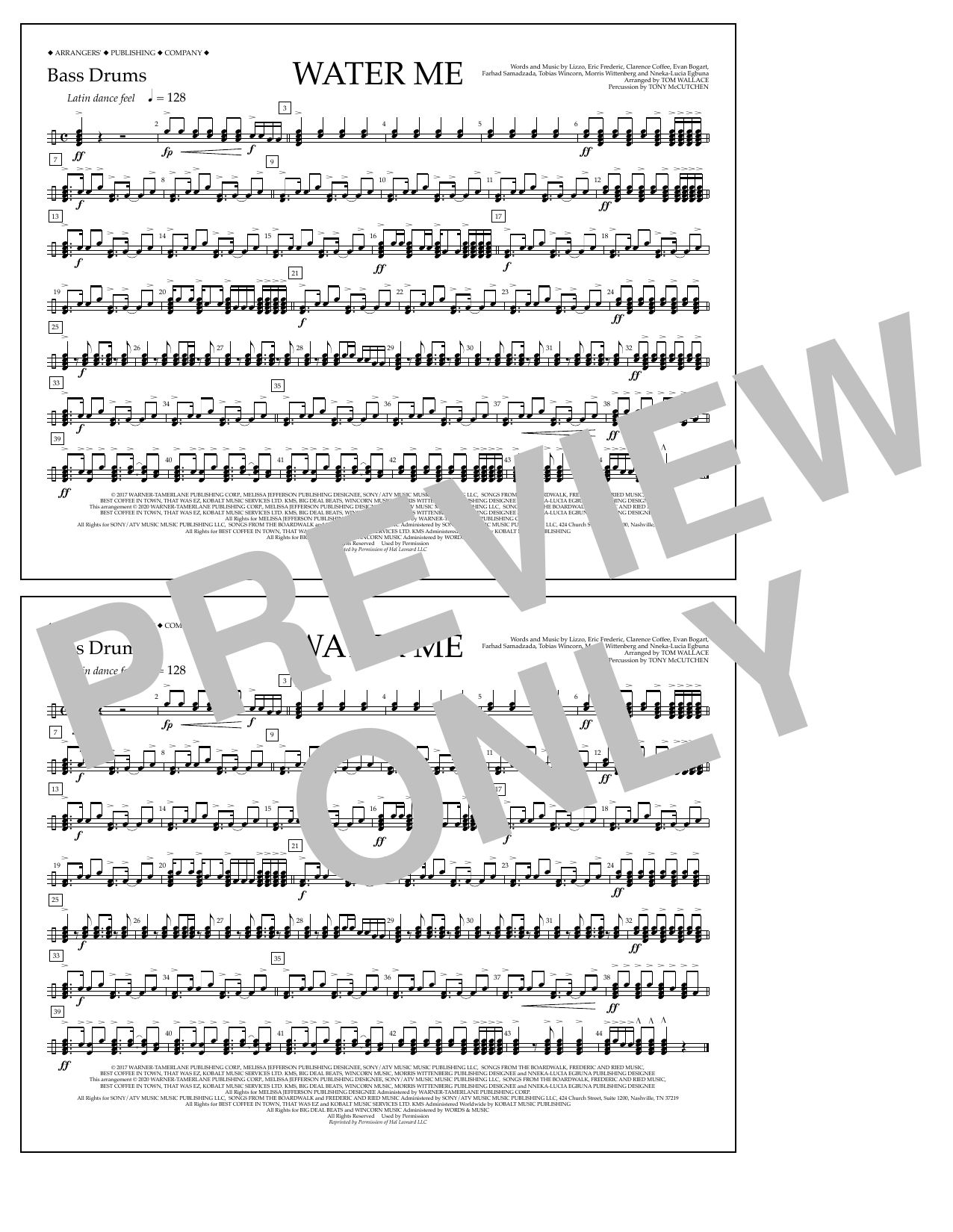 Lizzo Water Me (arr. Tom Wallace) - Bass Drums Sheet Music Notes & Chords for Marching Band - Download or Print PDF