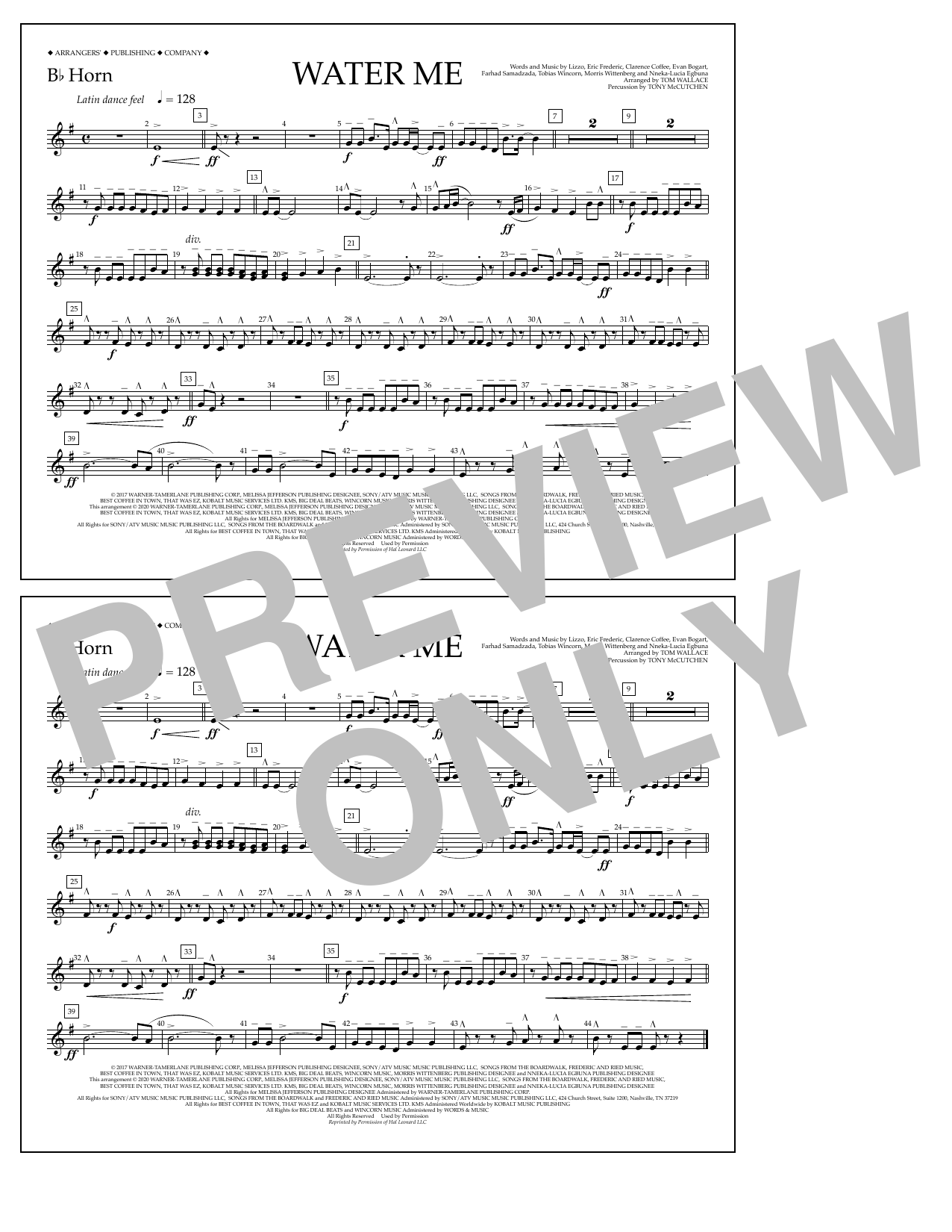Lizzo Water Me (arr. Tom Wallace) - Bb Horn Sheet Music Notes & Chords for Marching Band - Download or Print PDF