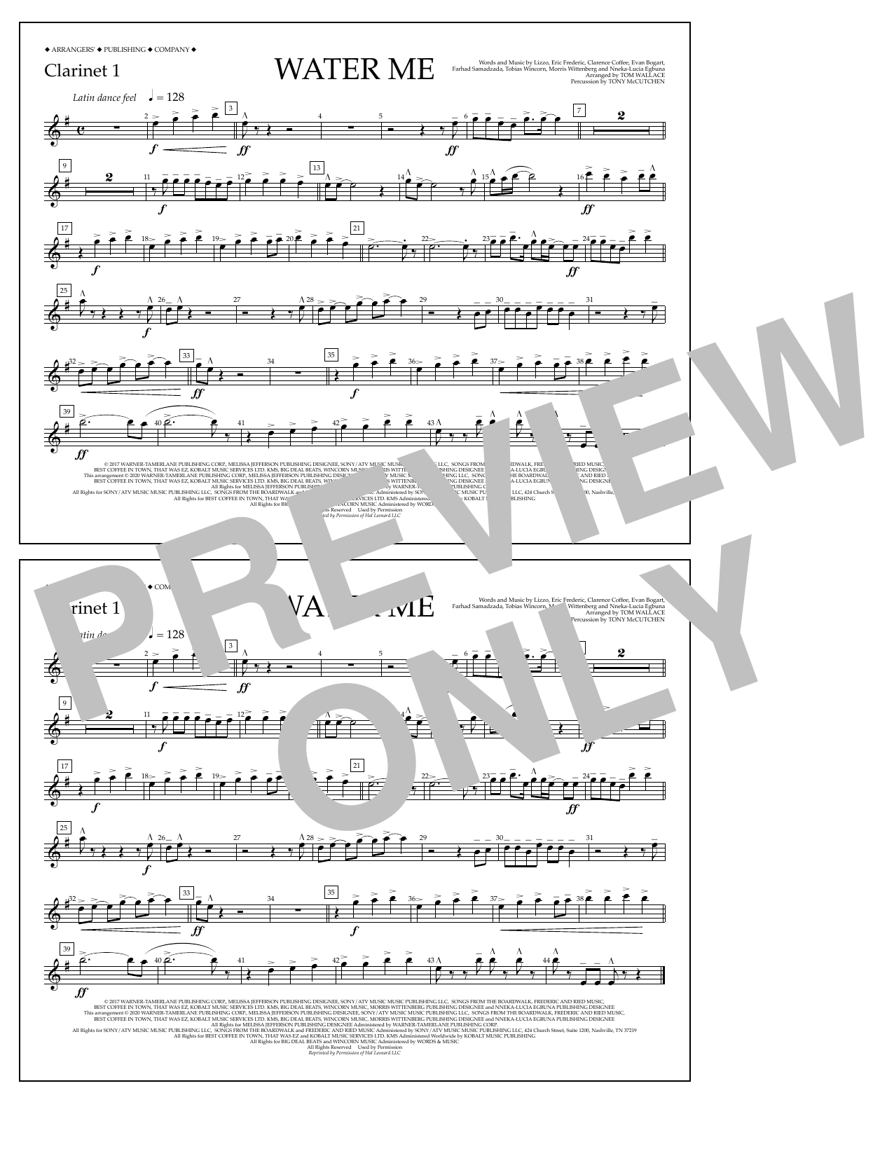 Lizzo Water Me (arr. Tom Wallace) - Clarinet 1 Sheet Music Notes & Chords for Marching Band - Download or Print PDF