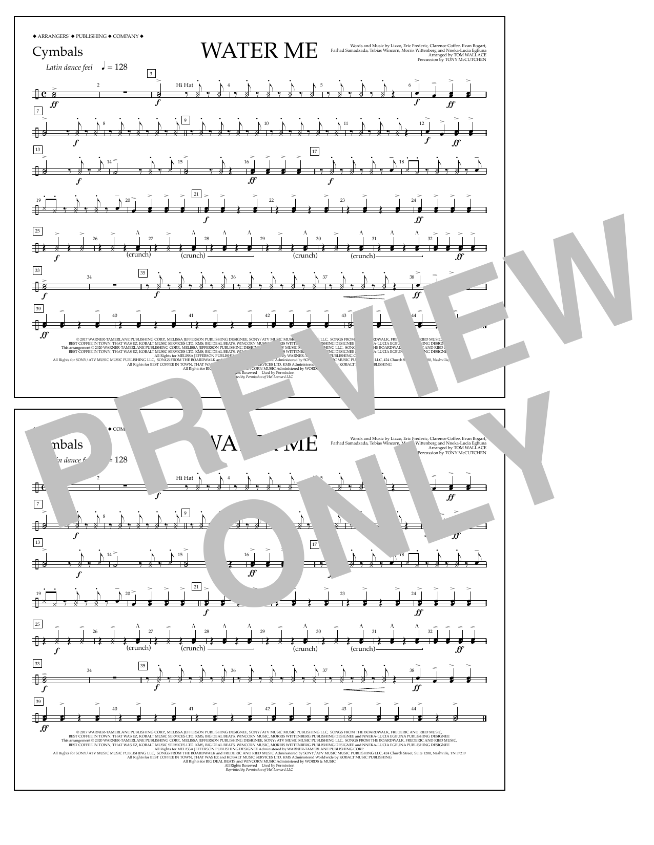 Lizzo Water Me (arr. Tom Wallace) - Cymbals Sheet Music Notes & Chords for Marching Band - Download or Print PDF