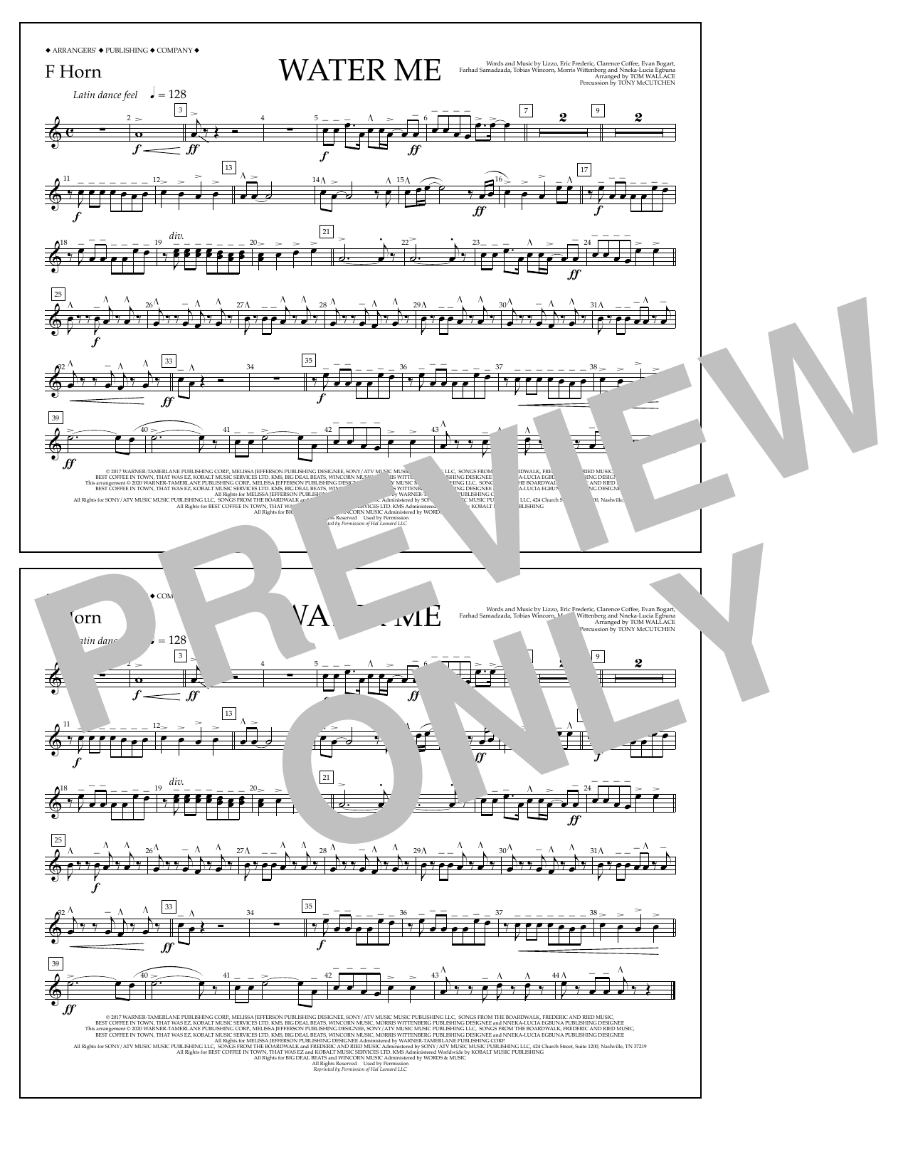 Lizzo Water Me (arr. Tom Wallace) - F Horn Sheet Music Notes & Chords for Marching Band - Download or Print PDF
