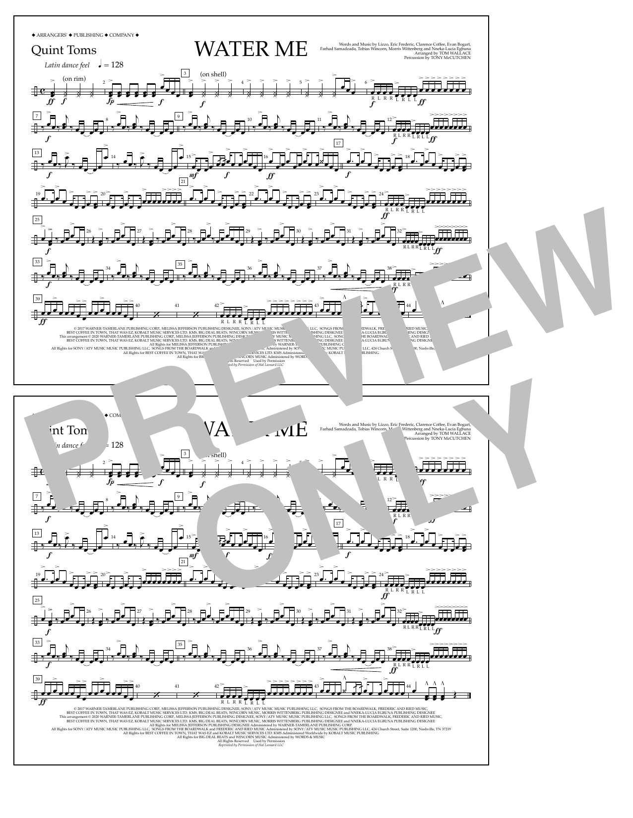 Lizzo Water Me (arr. Tom Wallace) - Quint-Toms Sheet Music Notes & Chords for Marching Band - Download or Print PDF