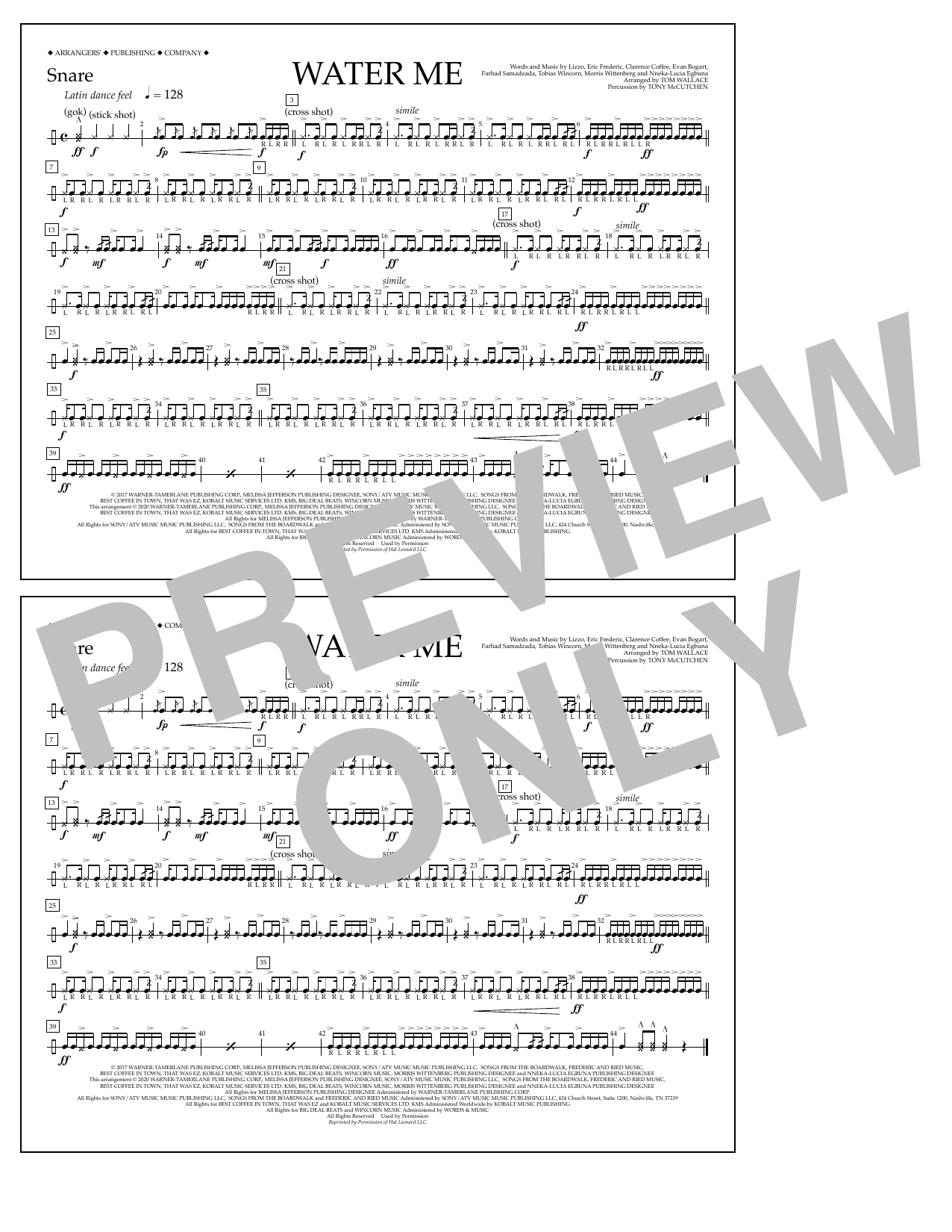 Lizzo Water Me (arr. Tom Wallace) - Snare Sheet Music Notes & Chords for Marching Band - Download or Print PDF