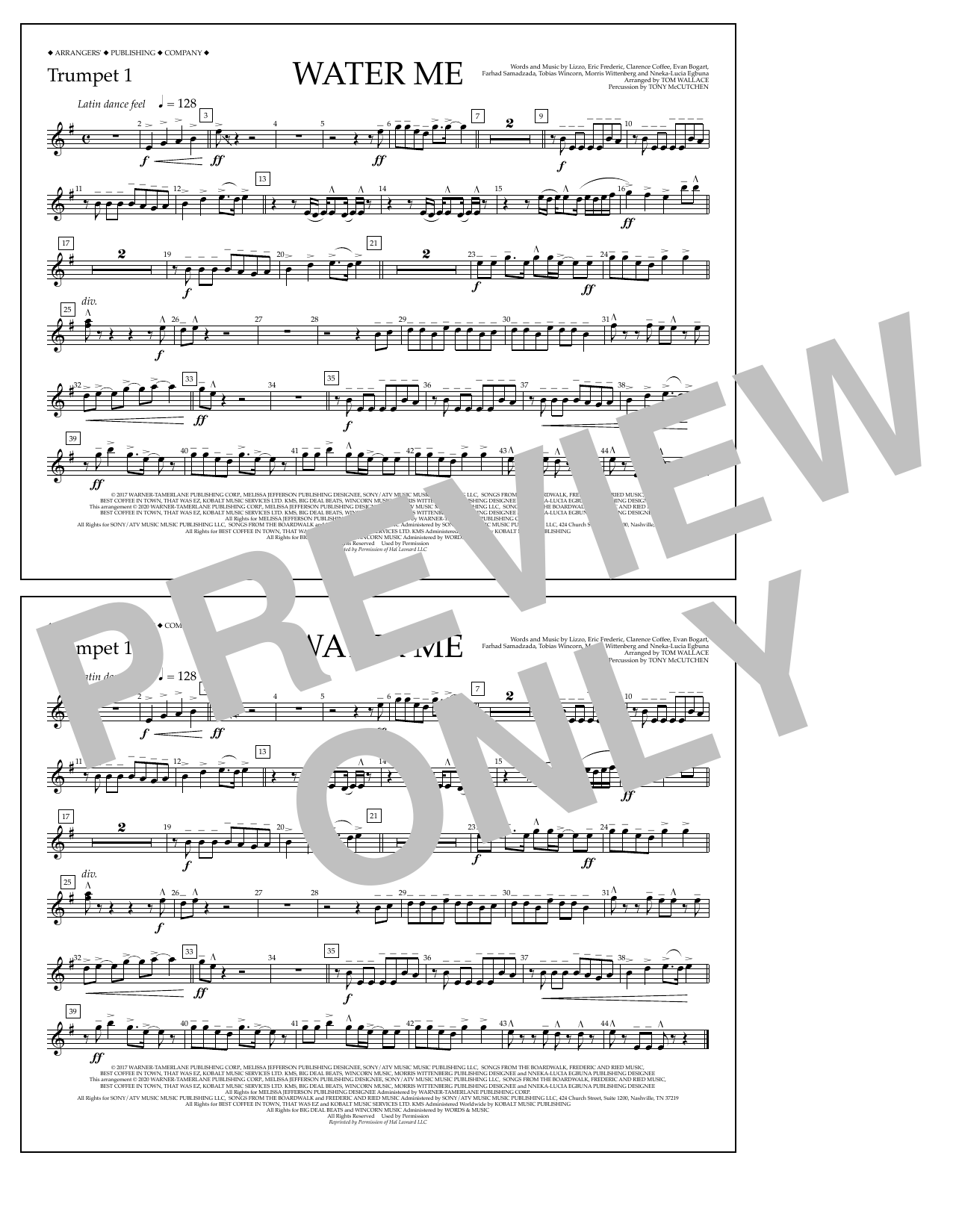 Lizzo Water Me (arr. Tom Wallace) - Trumpet 1 Sheet Music Notes & Chords for Marching Band - Download or Print PDF