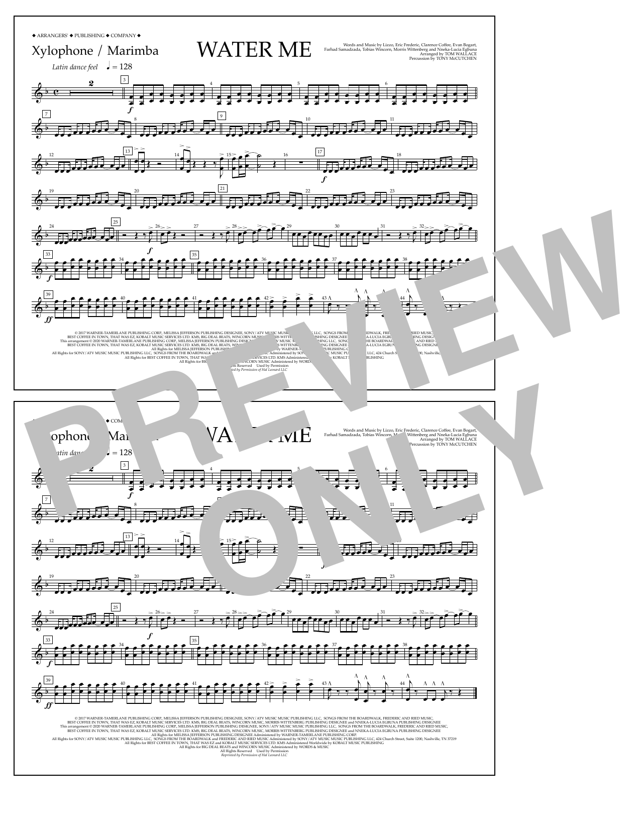 Lizzo Water Me (arr. Tom Wallace) - Xylophone/Marimba Sheet Music Notes & Chords for Marching Band - Download or Print PDF
