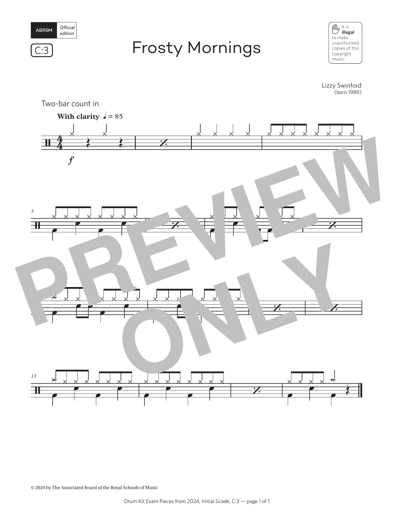 Lizzy Swinford Frosty Mornings (Grade Initial, list C3, from the ABRSM Drum Kit Syllabus 2024) Sheet Music Notes & Chords for Drums - Download or Print PDF